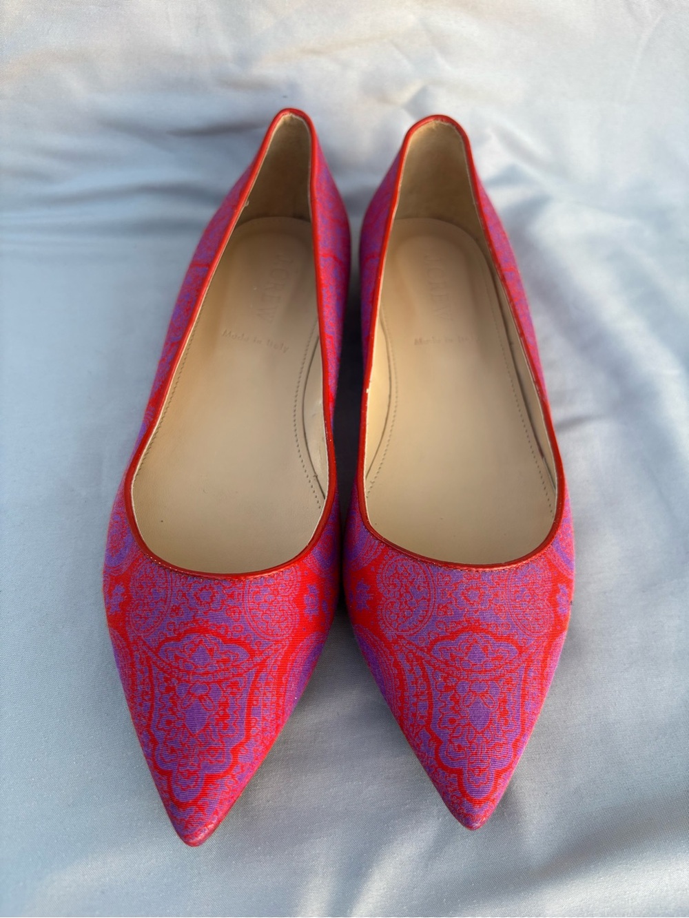 J. Crew Pink and Red Pointed Toe Flats with Paisley Pattern